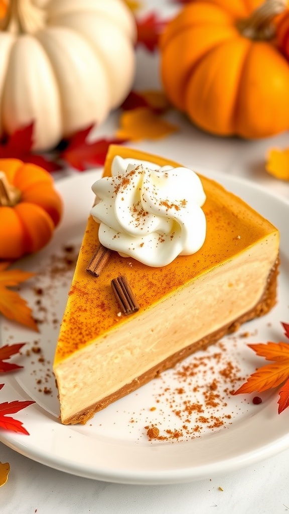A slice of keto pumpkin spice cheesecake on a plate, garnished with whipped cream and cinnamon, with autumn decorations around.